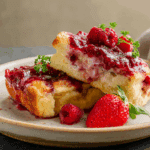 Sweet focaccia with raspberry jam sliced for brunch