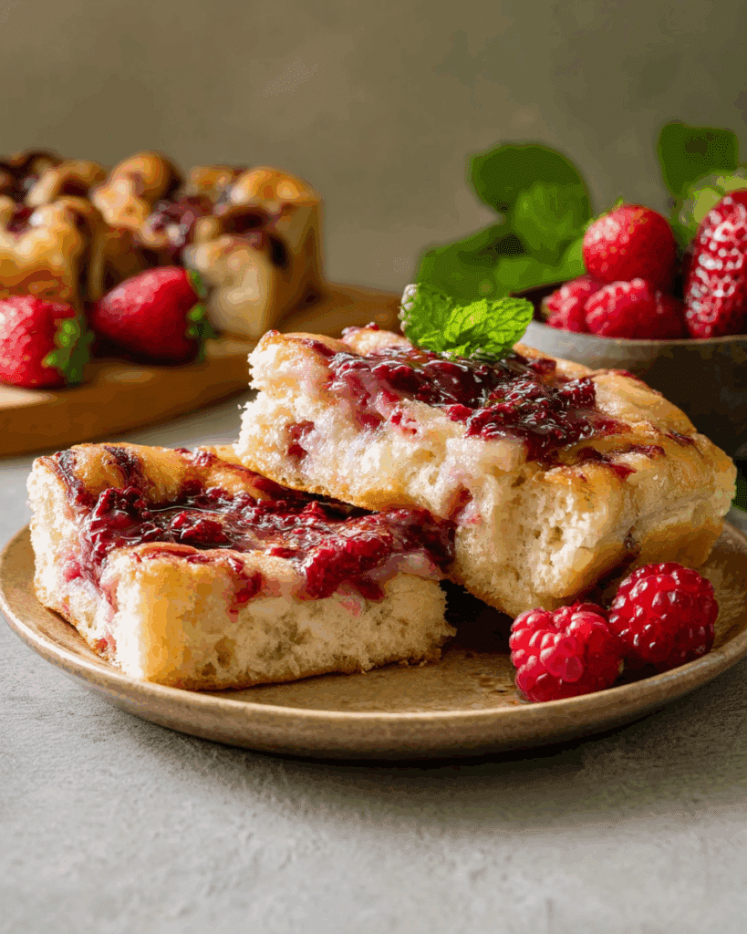 Glazing sweet focaccia with raspberry jam
