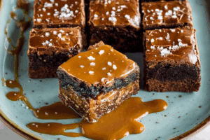 Pretzel Bottom Caramel Brownies stacked with dripping caramel