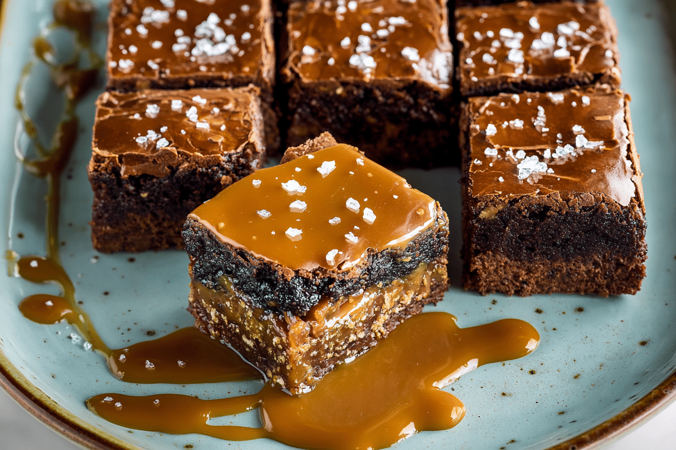 Pretzel Bottom Caramel Brownies stacked with dripping caramel