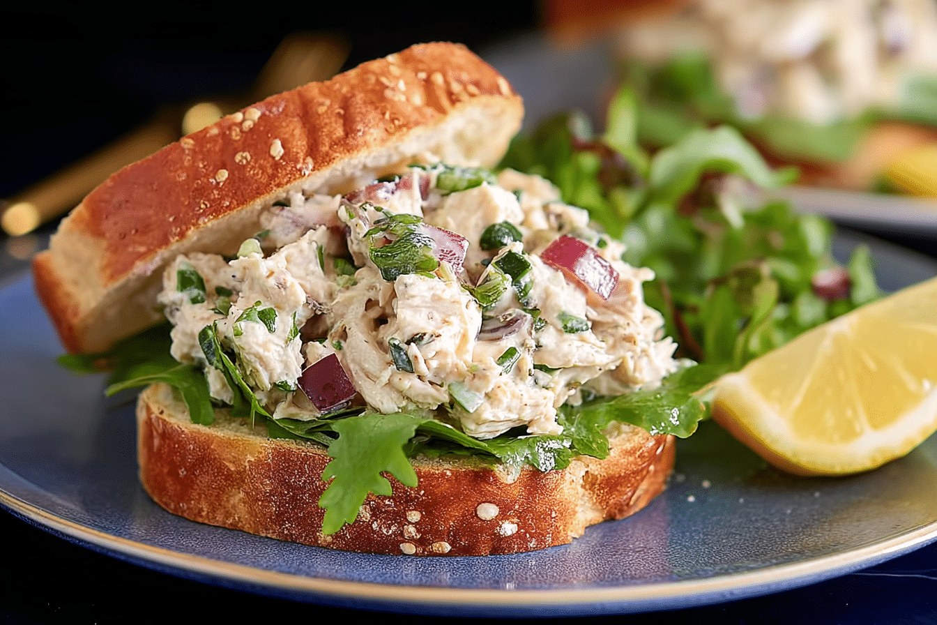 Fresh Tarragon Chicken Salad Sandwich on rustic bread with grapes.