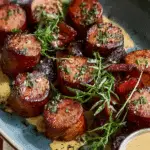 Mustard Hasselback Kielbasa Bites with mustard dipping sauce