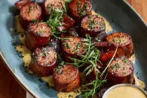 Mustard Hasselback Kielbasa Bites with mustard dipping sauce