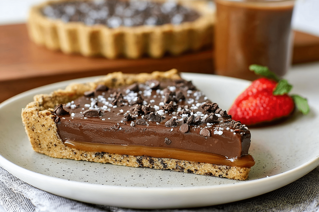 Chocolate Chip Salted Caramel Tart slice showing caramel and chocolate layers