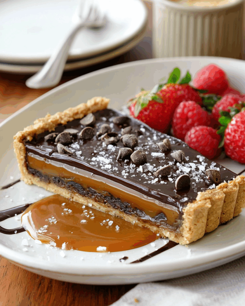 Chocolate Chip Salted Caramel Tart served on a dessert table