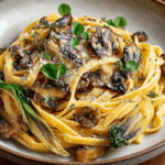 Caramelized leek and mushroom Gruyere pasta served in a rustic bowl