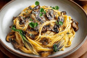 Caramelized leek and mushroom Gruyere pasta served in a rustic bowl