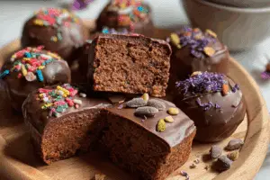 Cosmic Brownie Protein Bites with chocolate and sprinkles