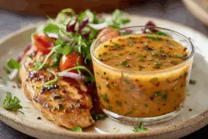 Hot Honey Ranch dip in bowl with red pepper flakes