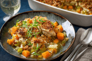 Chicken Leek and Butternut Squash Bake with melted cheese and herbs