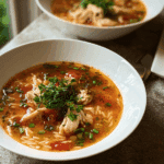 Chicken and Orzo Soup with Garlic and Paprika served hot in a ceramic bowl