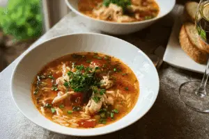 Chicken and Orzo Soup with Garlic and Paprika served hot in a ceramic bowl