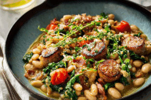 White Bean Sausage Skillet cooking in a cast iron pa
