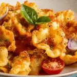 Crispy golden pasta chips in a bowl with marinara dip