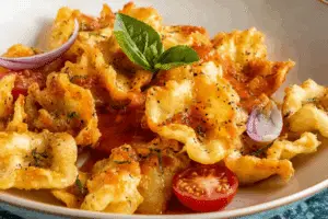 Crispy golden pasta chips in a bowl with marinara dip