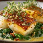 Pan-Seared Cod with Garlic Cream Sauce over Sautéed Spinach