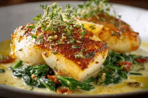 Pan-Seared Cod with Garlic Cream Sauce over Sautéed Spinach