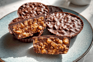Chocolate Peanut Butter Crunch Cups on wooden board