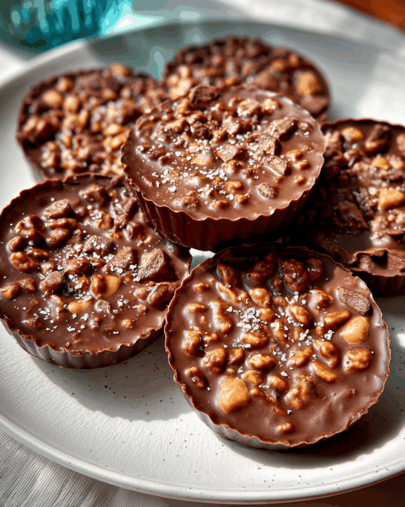 Stored Chocolate Peanut Butter Crunch Cups in container