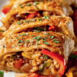 Close-up of sausage and pepper stromboli fresh from the oven