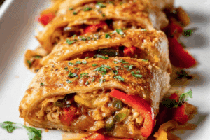 Close-up of sausage and pepper stromboli fresh from the oven