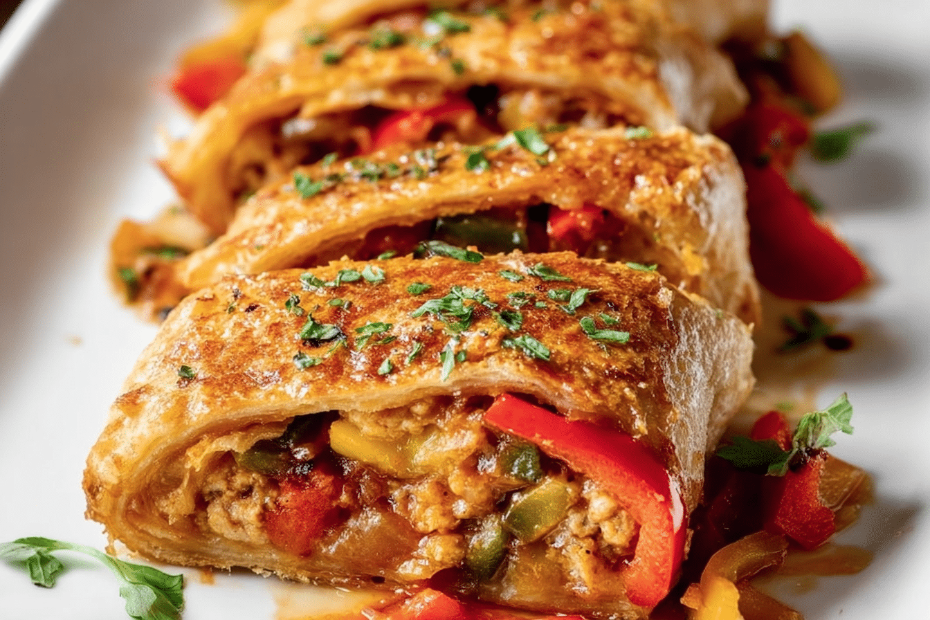 Close-up of sausage and pepper stromboli fresh from the oven