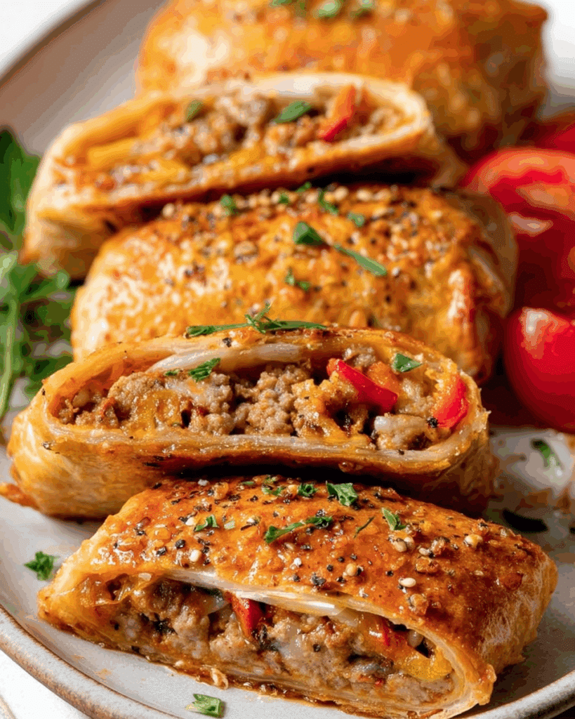 Sliced sausage and pepper stromboli with cheese and sausage layers