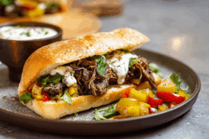 Italian Beef Sandwich with Roasted Garlic Aioli sliced on wooden board