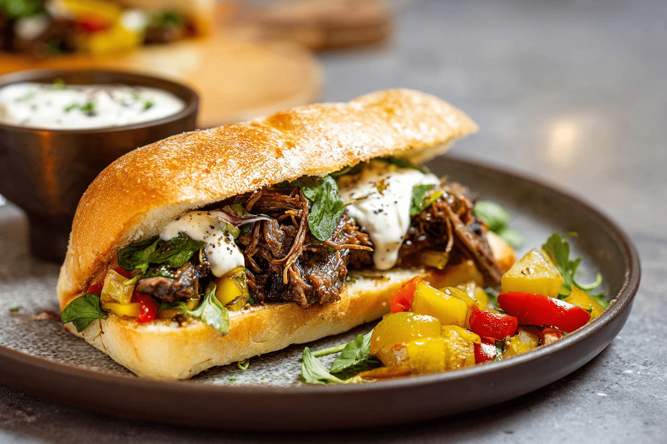 Italian Beef Sandwich with Roasted Garlic Aioli sliced on wooden board