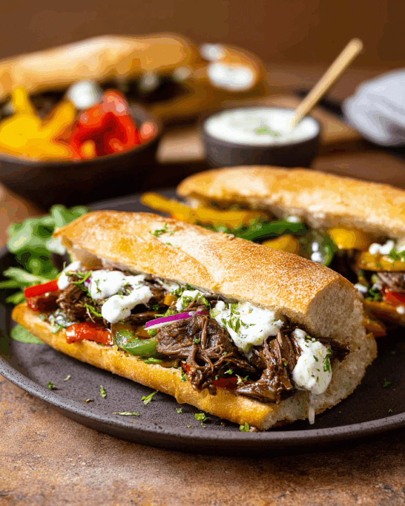 Italian Beef Sandwich with Roasted Garlic Aioli dipped in broth