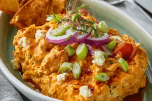 Chicken Wing Dip hot and bubbling in baking dish