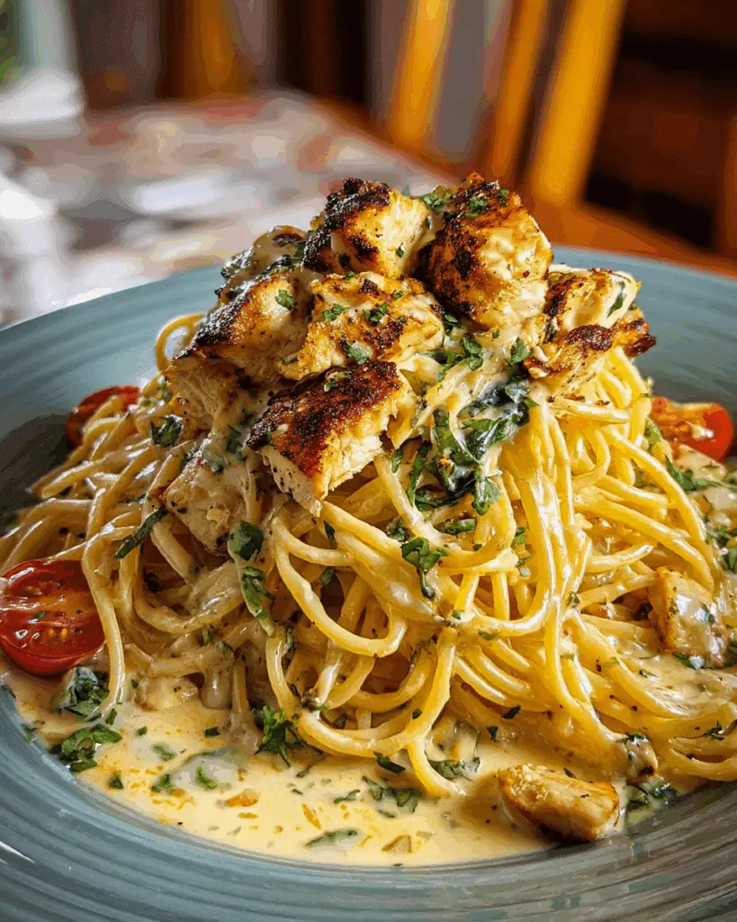 Plated Creamy Cajun Chicken Spaghetti with garlic bread