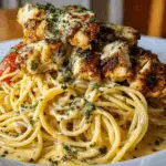 Creamy Cajun Chicken Spaghetti with Garlic Mozzarella Sauce in skillet