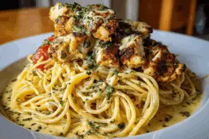 Creamy Cajun Chicken Spaghetti with Garlic Mozzarella Sauce in skillet