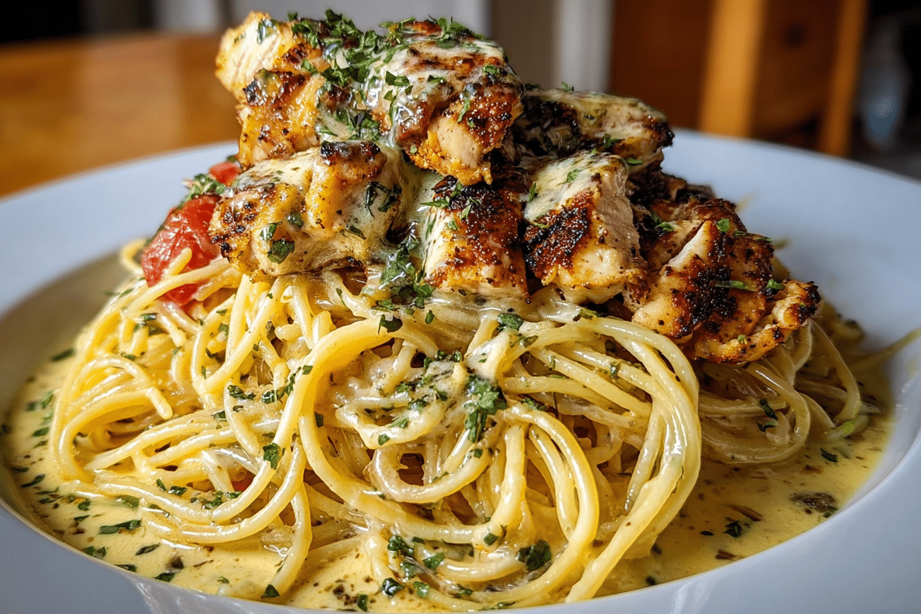 Creamy Cajun Chicken Spaghetti with Garlic Mozzarella Sauce in skillet