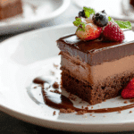 Close-up of Sokolatina Chocolate Custard Cake with custard and glaze layers