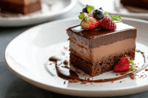 Close-up of Sokolatina Chocolate Custard Cake with custard and glaze layers