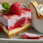 raspberry meringue bars with toasted meringue on marble plate