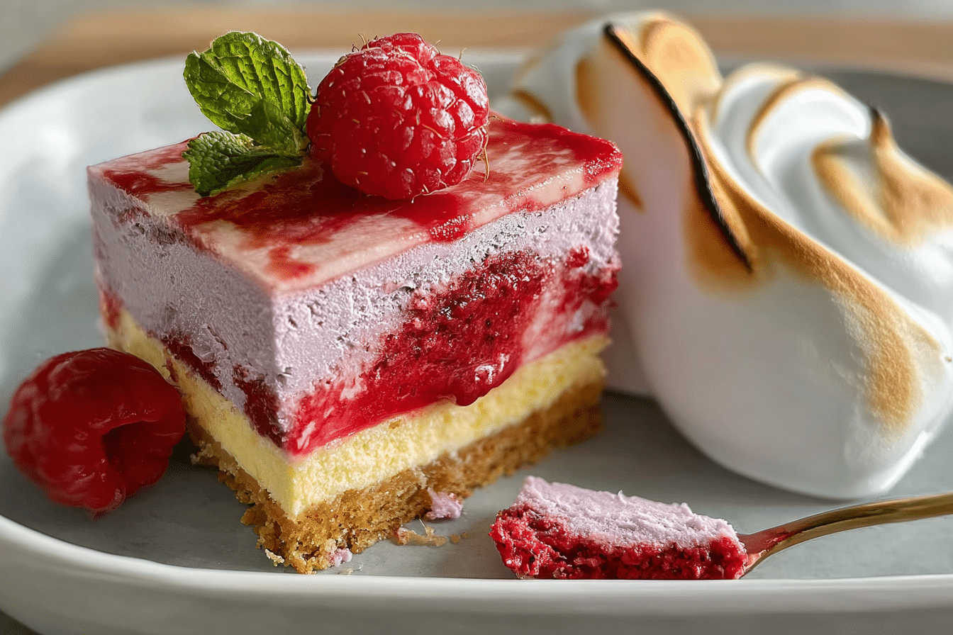 raspberry meringue bars with toasted meringue on marble plate