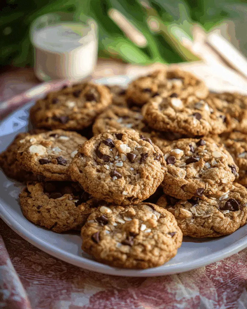 Freshly baked oatmeal coconut chocolate chip cookies cooling