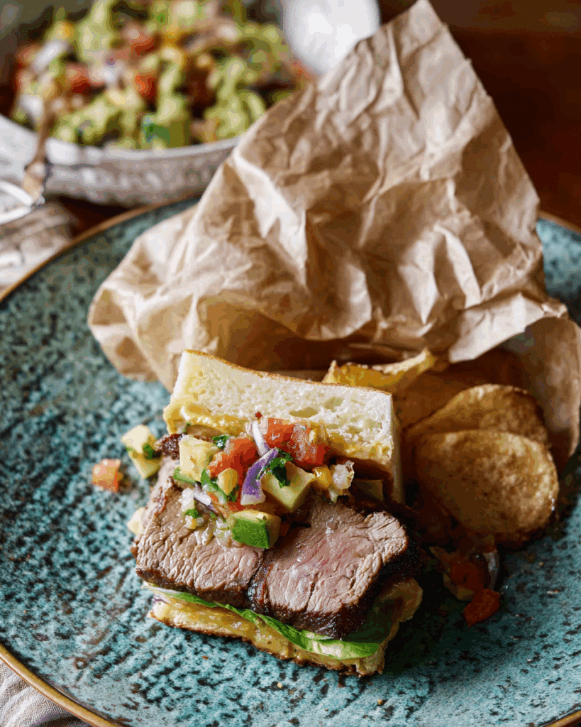 Vegetarian torta with poblano salsa