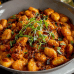 Gnocchi with Chorizo and Creamy Harissa Sauce served in a bowl