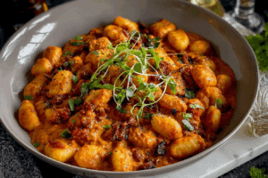 Gnocchi with Chorizo and Creamy Harissa Sauce served in a bowl