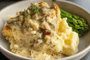 Ranch Chicken and Gravy in skillet with creamy sauce