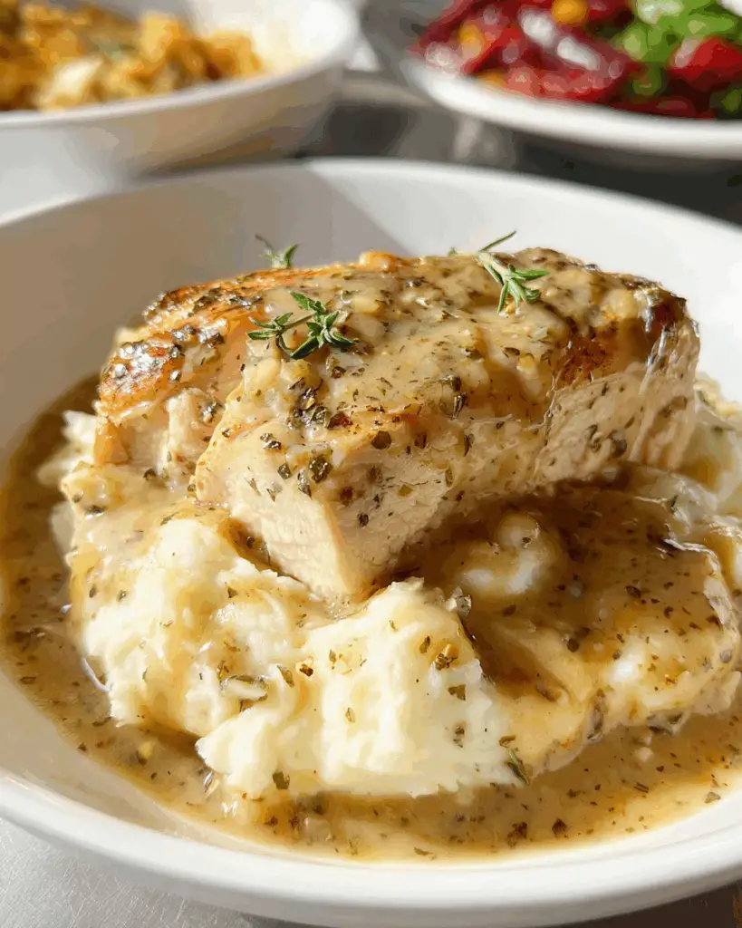 Cheesy mashed potatoes next to ranch chicken