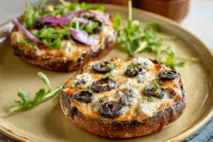 Golden-baked Portobello Mushroom Pizzas with toppings.