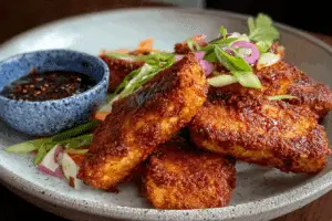 crispy maple sriracha tofu wings on baking sheet