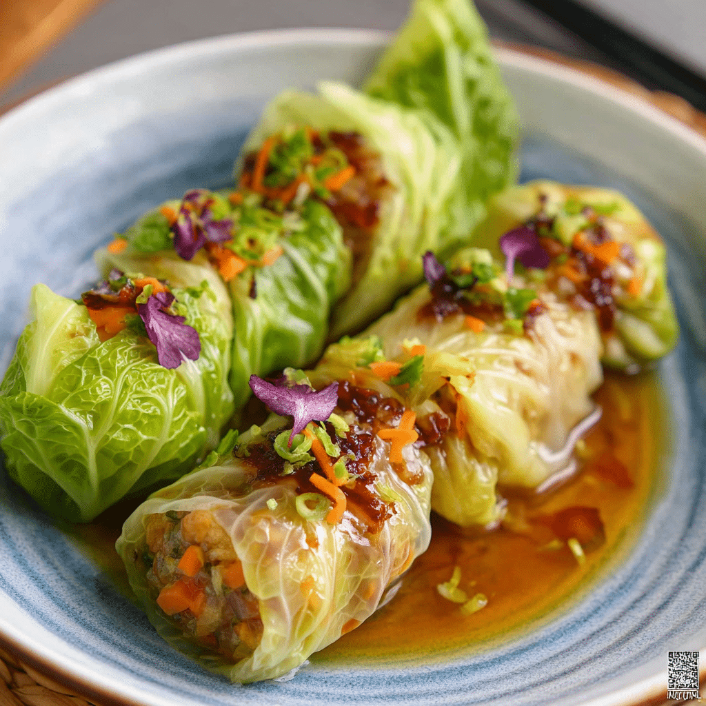 Steamed cabbage rolls with carrot ribbons and mushroom sauce