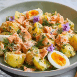 Smoked Salmon Potato Salad served in a rustic white bowl
