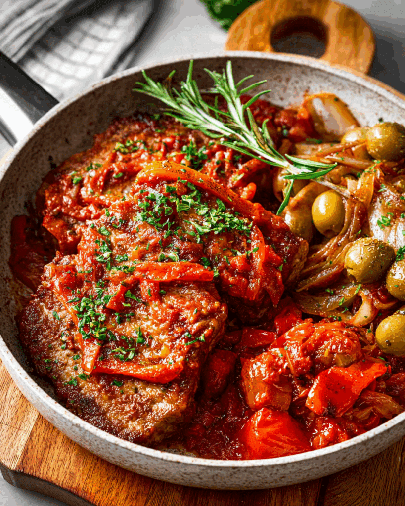 plated Steak Pizzaiola Recipe with pasta and bread